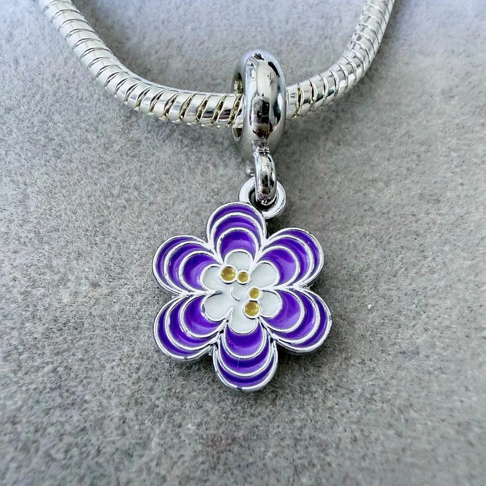 Purple Enamel Flower Dangle Charm fits PANDORA